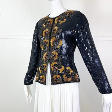 1980s Robert Anthony Black and Gold Sequin Blouse / Small 