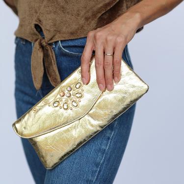 1960's Metallic Clutch / Evening Purse / Mid Century Deco Purse / Envelope Clutch Handbag with Rhinestone and Pearls 