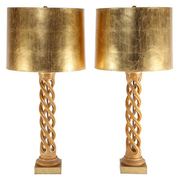 Pair of Monumental Table Lamps in Bleached Mahogany with Gilt Shades 1950s