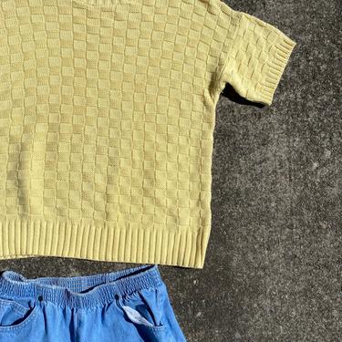 80’s 90's cotton sweater~ Oversized Boxy top Minimalist Yellow checker Knit ~Pullover short sleeve knit top~ size M/L 
