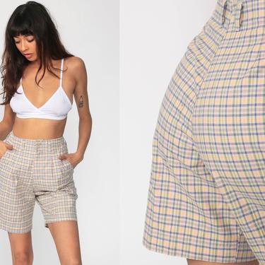 Plaid Shorts 80s Shorts PLEATED Mom Shorts High Waisted Retro 1980s Hipster Vintage Beige Pink Checkered Hipster Small 26 