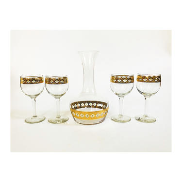 Mid Century Culver Valencia Wine Glass and Decanter Set / 5 Piece Set 