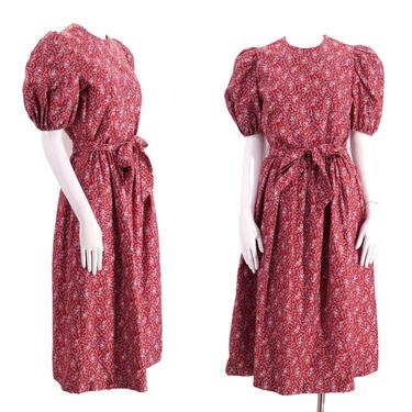 80s BELLE FRANCE cotton print prairie dress 8 / vintage 1980s puff sleeve peasant dress M 