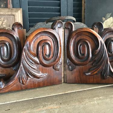 Pair French Architectural Wood Plaques, Handcarved Shell Acanthus Leaf Scroll Design, Armoire, Furniture, Wall Art Mount 