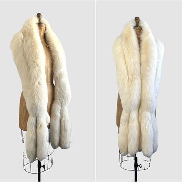 FOXY LADY Vintage 50s Arctic Fox Wrap, 1950s White Long Chunky Fur Stole w/ Fringe | Shawl Shrug Scarf Boa | Hollywood Glam, Wedding Bridal 