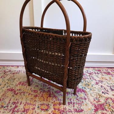 Wicker vintage magazine newspaper rack, Basket, footed basket, knitting basket,  basket yarn holder with handle wicker and rattan 