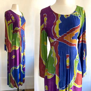 90's Vintage ABSTRACT BATIK Boho Market Dress / Rayon / Pintuck Pleat Bodice + Tie 