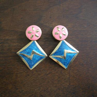 Vintage Enamel Earrings - Pink and Blue