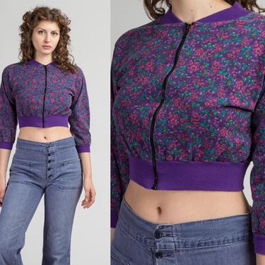 80s Retro Cropped Floral Jacket - Small | Vintage Purple Zip Up Sweatshirt Crop Top 