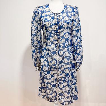 60s/70s Blue and White Psychedelic Flower Power Tunic | Medium 