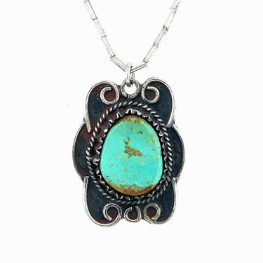 Vintage Navajo Turquoise Sterling Silver Pendant Necklace Choker Liquid Silver Chain 