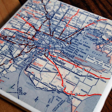 1953 Detroit Michigan Handmade Repurposed Vintage Map Coaster - Ceramic Tile - Repurposed 1950s Rand McNally Atlas - Motor City - Windsor 
