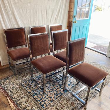 Set of 6 Milo Baughman Style Chrome and Velvety Rust Colored Upholstery 