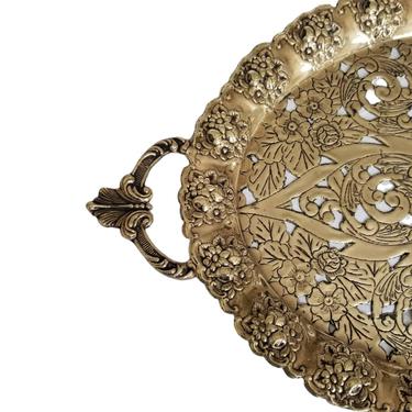 Vintage Floral Brass Tray with Handles / Embossed Oval Platter / Ornate Greek Brass Cutout Serving Tray / Pierced Brass Coffee Table Tray 