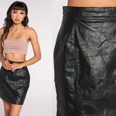 Black Leather Skirt 90s Mini Skirt Black Leather Wiggle Skirt Pencil Party Goth Punk 1990s Vintage High Waist Hipster Small S 