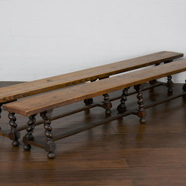 19th Century Pair of Country French Provincial Oak Farmhouse Harvest Table Benches 