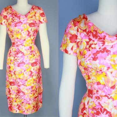 1960s MR. BLACKWELL Dress | Vintage 60s Vibrant Pink &amp; Orange Floral Silk Sheath Dress | medium 