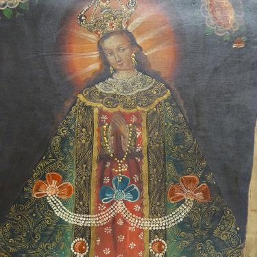 Original Cuzco Madonna Oil Painting on Canvas, Holy Mother Saint Mary, Vintage Religious Peru Folk Art, Unframed Retablo 