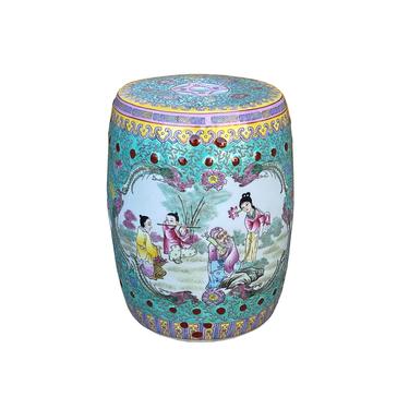 Chinese Porcelain Turquoise Blue People Scenery Round Stool Side Table ws1397E 