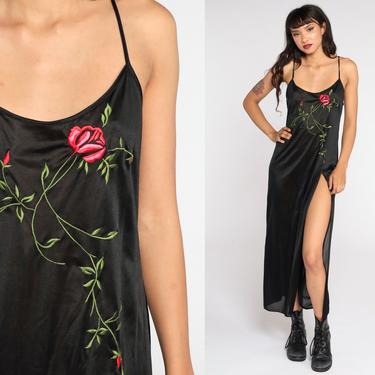 Black Nightgown Slip Dress Embroidered Rose HIGH SLIT Dress 80s Maxi Floral Boho Lingerie Vintage 70s Long Dress Nightie Medium 