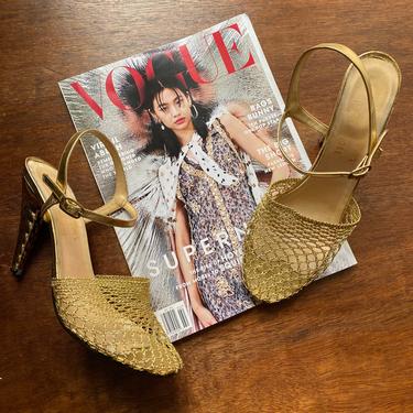 Vintage Gold Net Heels Shiny Gold Mesh High Heels with Leather Ankle Strap 7 