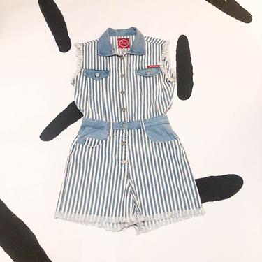 90s Denim Blue and White Vertical Striped Denim Romper / Onesie / No Excuses / Frayed / Color Block / 90210 / 80s / Jean / Small / Cotton 