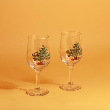 Set of 2 Vintage 80s Clear Glass Christmas Tree Festive Holiday Small Wine Glasses 