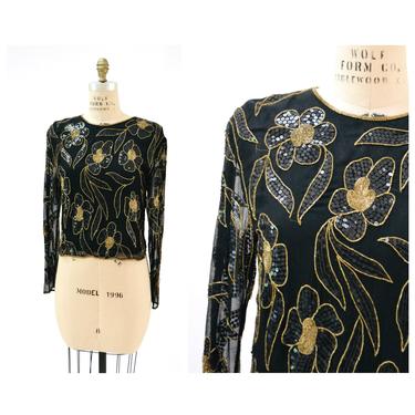 80s 90s Vintage Beaded Sequin Shirt Top Black Gold Flower Sequin Shirt Top Medium Art Deco Flapper Inspired Beaded long sleeve Shirt top 