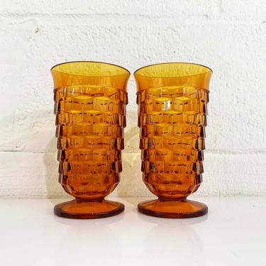 Vintage Iced Tea Glasses Set of Two Indiana Glass Whitehall Pattern Amber Orange Yellow Highball Glasses 1970s 1960s 60s Wine Goblet Water 