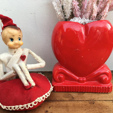 60's Valentine's Knee Hugger, Pixie Seated On Heart Pillow, Kneehugger Sitting On Red Heart, Pixie Elf Valentine's Day Decor 