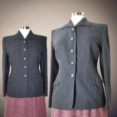 Vintage 40s Wool Suit Jacket, Medium Large / 40s Gray Wool Blazer / 1940s Womens Victory Suit Jacket / Dark Academia Pointy Collar Jacket 