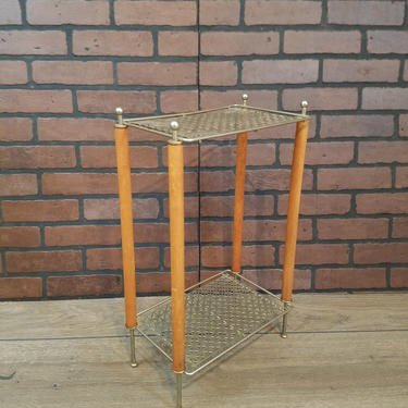Mid Century Wood and Gold Punched Metal Record/Magazine/Telephone Side Table 