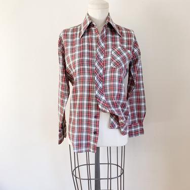 Vintage 1970s Red Plaid Button Down Shirt / youth 14 or lady's XS 