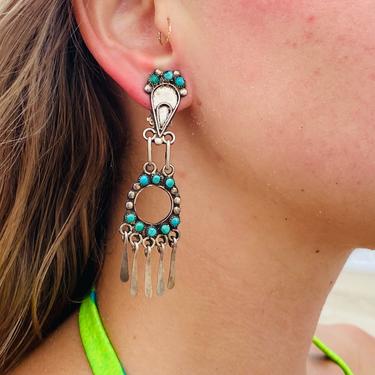 Vintage Zuni Native American Turquoise Dangle Clip On Earrings, Ornate Cut Out, Natural Blue Turquoise, Silver Tassels, Statement Earrings 