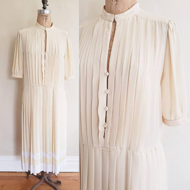 1980s Pale Yellow Pleated Dress White Striped Skirt / 80s Short Sleeved Button Down Dress / Large / Etienne 