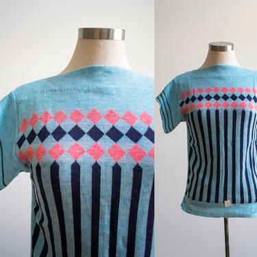 Vintage 1960s Knit Sweater / Vintage Knit Tshirt / Argyle Knit Sweater Blouse / Vintage Striped Knit Sweater / Deadstock Vintage / 1960s NOS 