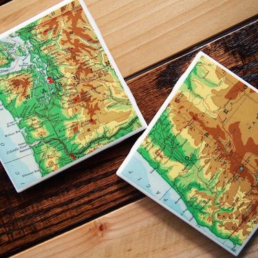 1939 Washington &amp; Oregon Coast Handmade Repurposed Vintage Map Coasters Set of 2 - Ceramic Tile - Repurposed 1930s Goodes Atlas 