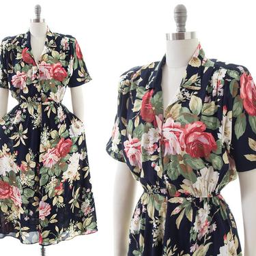 Vintage 1980s Shirt Dress | 80s CAROL ANDERSON Rose Floral Printed Black Rayon Fit and Flare Shirtwaist Day Dress w/ Pockets (small/medium) 