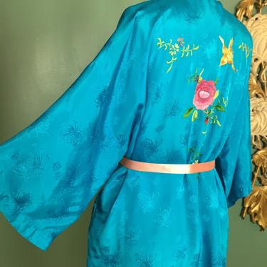 1970s asian robe, turquoise robe, embroidered robe, vintage robe, bird embroidery, cropped robe, vintage loungewear, medium, dressing gown 