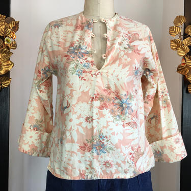 bell sleeve blouse, 1970s floral shirt, vintage 70s shirt, small, you babes, 1970s tunic top, bohemian blouse, hippie top, peach cotton, 32 