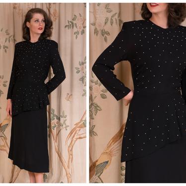 1940s Dress - The Indemnity Dress - Exceptional Vintage 40s Cocktail Dress in Black Rayon Crepe with Silver and Gold Nail Head Studs Large 