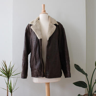 Vintage 90s Brown Genuine Leather Fleece Collar Coat Women's Size XS S 
