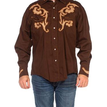1970S Brown Cotton Embroidered Long Sleeve Men's Western Shirt 
