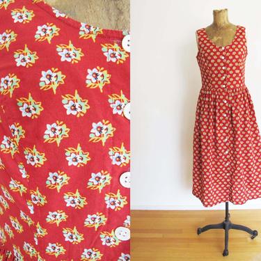 Vintage 90s Laura Ashley Dress S - Laura Ashley Red Floral Midi Dress - Sleeveless Scoop Neck Pinafore  - Cottagecore Button Front Sundress 