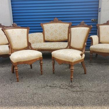 Antique Late 1800s Victorian All Original Eastlake 5pc Gently Used Hand-carved Walnut Parlor Set - Set of 5
