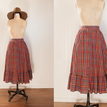 70s studious plaid ruffled high waist skirt // vintage womens clothing // 26 waist small 