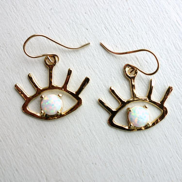 The Beholder Earrings: Gold and Opal Eye Earring Dangle Drops 