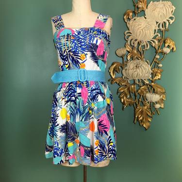 1970s sundress, vintage 70s dress, Tropical print dress, sleeveless mini dress, size small, bright mod print, 1970s floral dress, retro, 27 