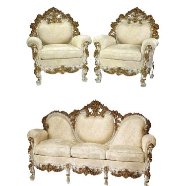 Sofa and Bergeres Set, Italian Rococo Style Carved and Gilt, Satin Brocade, Set of 3