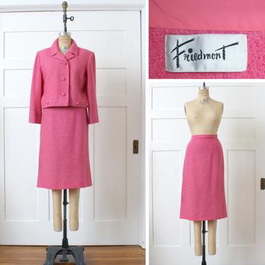 womens vintage 1960s suit • bright bubblegum pink boucle wool • boxy fit blazer & pencil skirt set 
